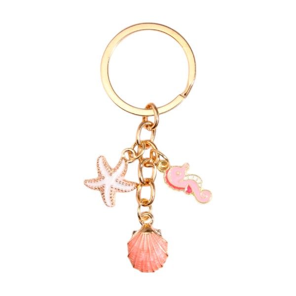 Boho Beach-Inspired Keychain With Starfish, Seahorse & Shell Charms - Pink