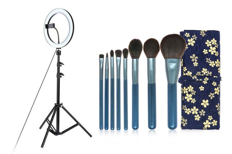 Everglitz LED Light Ring with Tripod and Floral 8pc Brush Set Combo - Blue