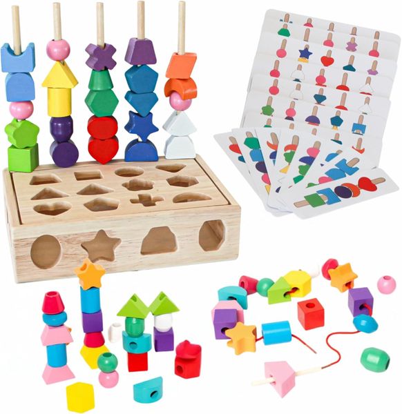 Wooden Threading &amp; Stacking Toy, Montessori Fine Motor Skills Game