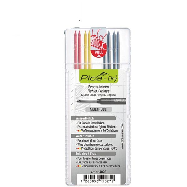 Pica Refills Dry - Basic Set of 8 Leads - 2 X Red, 2 X Yellow, 4 X Graphite
