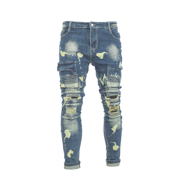Men's Bleach Strike Distressed Cargo Biker Denim