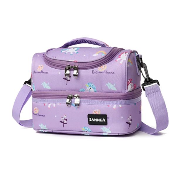 Purple Unicorn Double-Layer Insulated Lunch Bag with Shoulder Strap