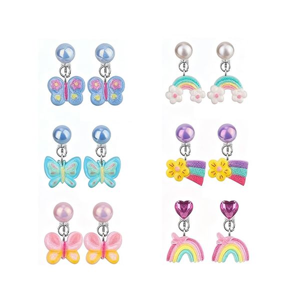 6 Pairs Princess Rainbow Butterfly Clip-On Earrings with No Holes