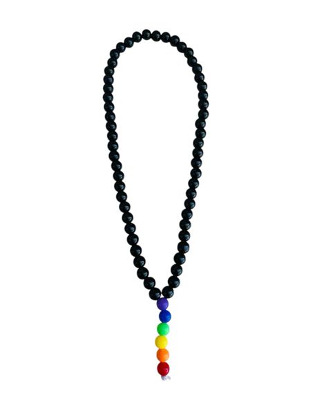 Handmade LGBTQ+ Pride Beaded Car Mirror Hanging - Black &amp; Rainbow Beads