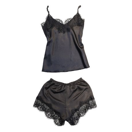 Women Satin Shorts Set Sleepwear Black Silk Pajamas Sexy Cami Top Two Piece  Set