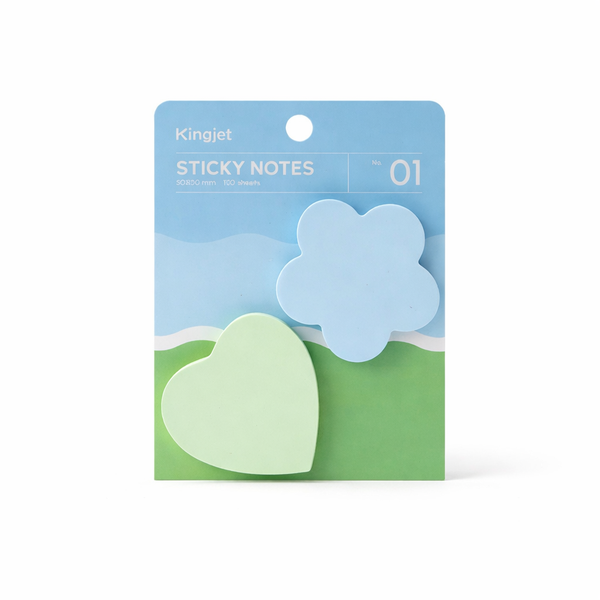 Pack of 100 Sheets - Heart &amp; Flower Sticky Notes - Green &amp; Blue