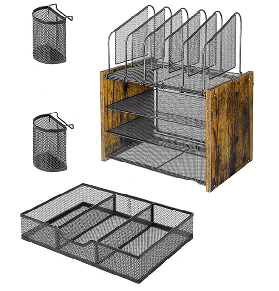 4-Tier Wooden Mesh Office Desk Organizer with Drawers