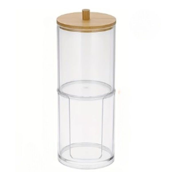 2-in-1 Double Layer Round Cotton Pad Bamboo Storage Box - Clear