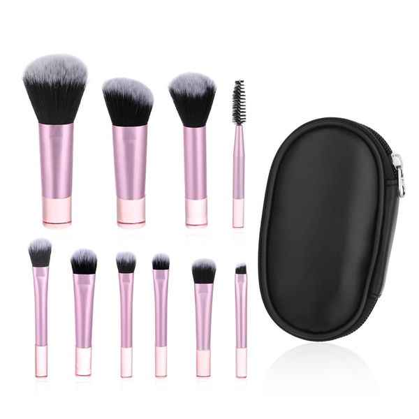 10Piece Travel Makeup Brush Set, Portable Mini Cosmetic Brushes With Pack -Pink