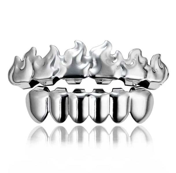 S &amp; C Teeth Grillz in Silver With Flaming Fire Upper Row Design