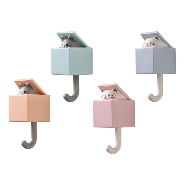 Kingdushi 4-Pack Kawaii Cat Shaped Adhesive Wall Hooks for Home Decor