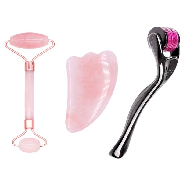 Rose Quartz Roller, Gua Sha and 540 Needle Titanium Derma Roller