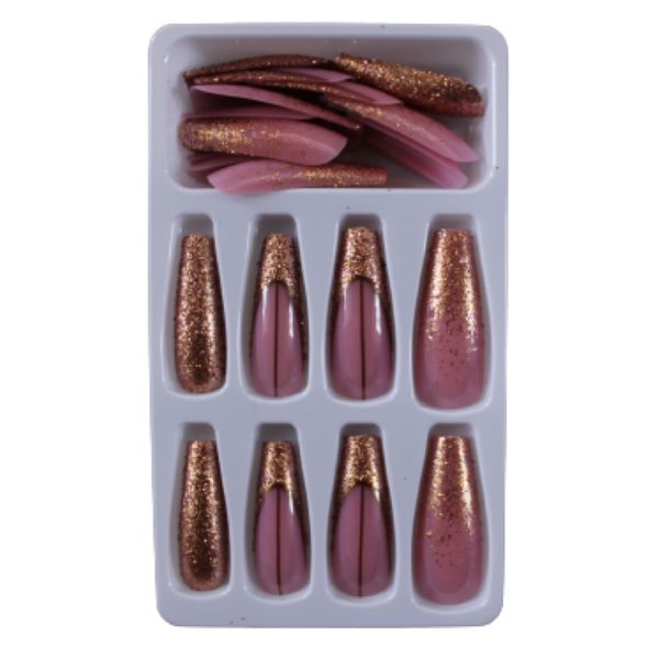 Reusable Long Coffin Shaped Gold &amp; Dark Pink Press On Nails - 24 Nails Set