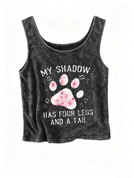 Women's Black 62% Cotton Spaghetti-Strap Tank Top with Front Cat Paw Print