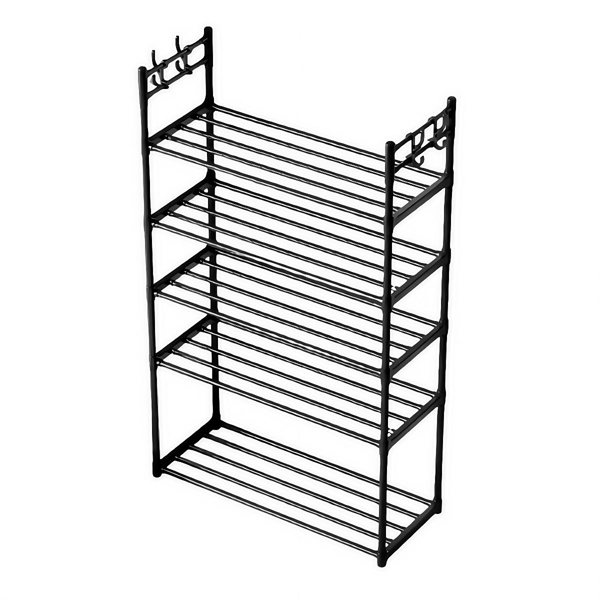 5-Tier Heavy-Duty Shoe Rack with Hooks, Boot Storage Rack - Black