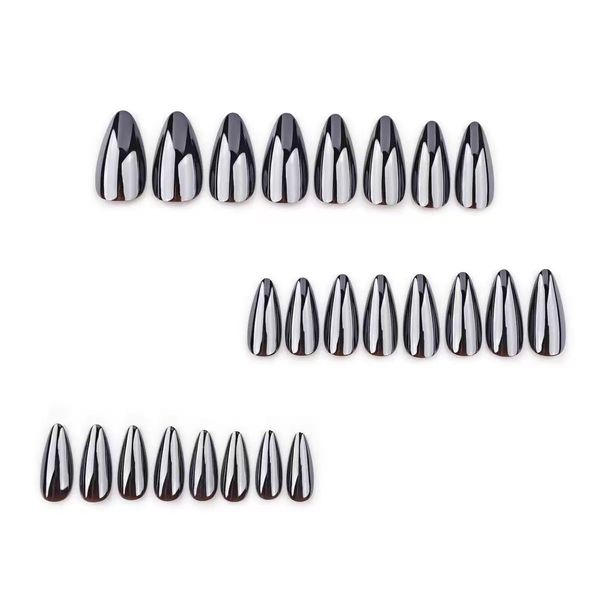 Black Press on Nails Almond Fake Nails False Nails with Chrome Design