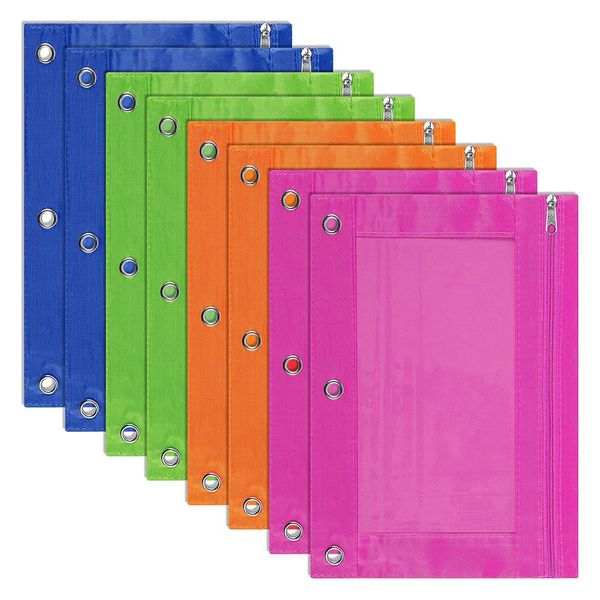 8 Pack 3-Ring Pencil Pouch, Multi-Color, for School Supplies