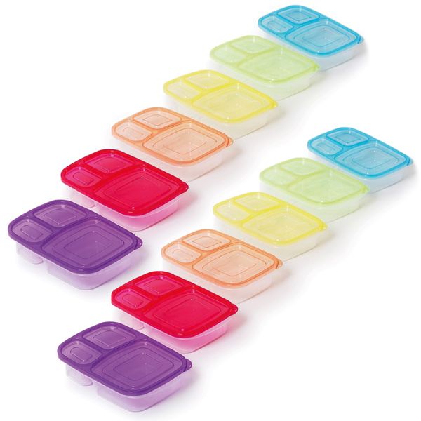 KitchenFX Set of 6 Plastic Meal Prep Containers with 3 Compartments - 2 Pack