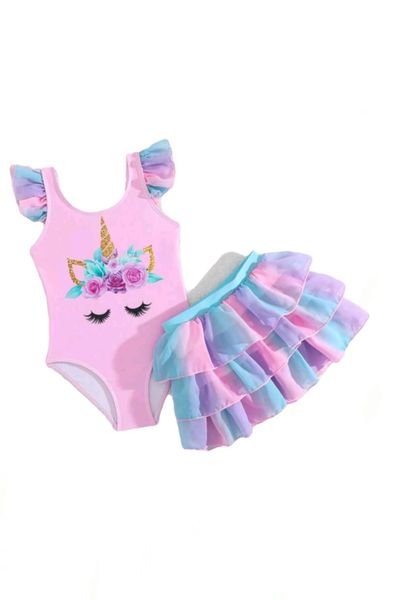 Cute Unicorn Cartoon Print 2pcs Swimsuit and tutu