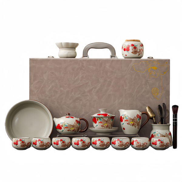 Ivory Ceramic Kung Fu Tea Set, Butterfly Design, Handcrafted Style