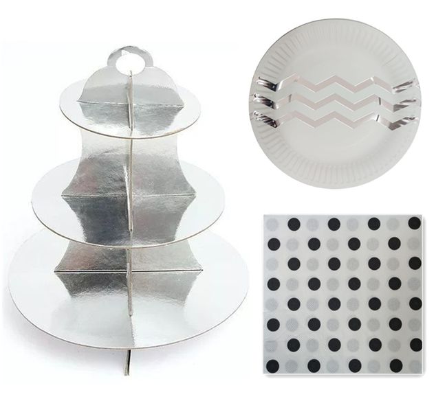 Party Set Decor: 3 Tier Reusable Cupcake Stand &amp; 6 Paper Plate &amp; Serviette