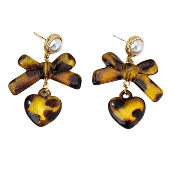 Leopard Print Bow Flower Heart Earrings - Amber