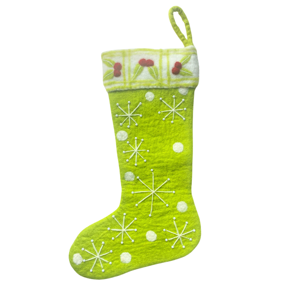 Unique Nepali Felt Christmas Stocking - Lime Green