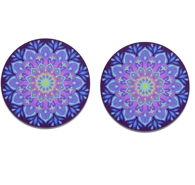 2 Pcs Car Silicone Coaster - Purple Mandala Design - Lined with Absorbent