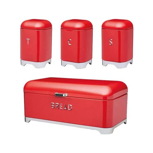 4 Pieces -Breadbin with 3 Piece Matching Canister Set Red