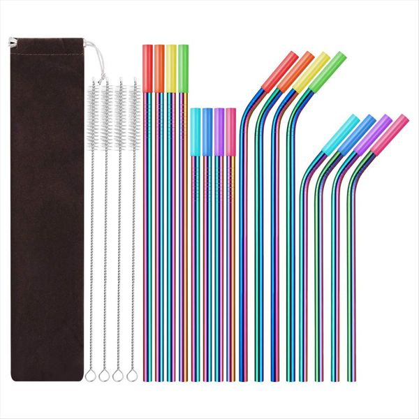 1Set-Stainless Steel Straw Set Silicone Mouth Straw Brush Multicolor