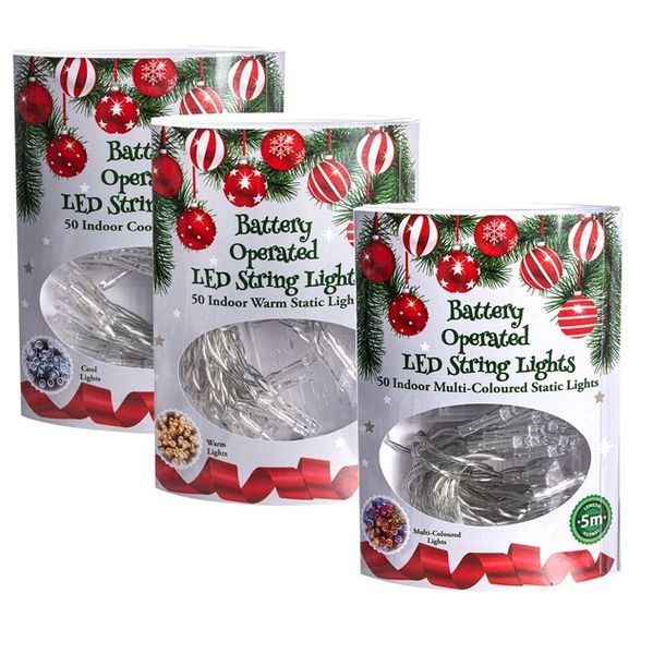 50 Christmas Led Static String Lights - 5m (Pack of 3)