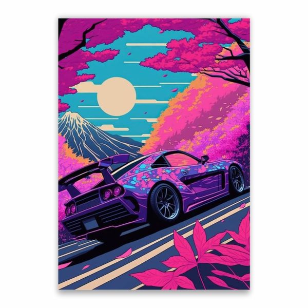Purple Car Driving Past Mt Fujiyama Poster - A1