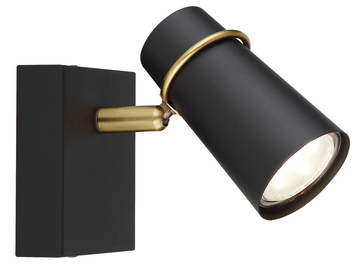 One Light Matt Black Adjustable Spotlight with Antique Brass Accents - S411