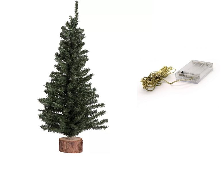 Wooden Base Christmas Tree with Lights - 45cm