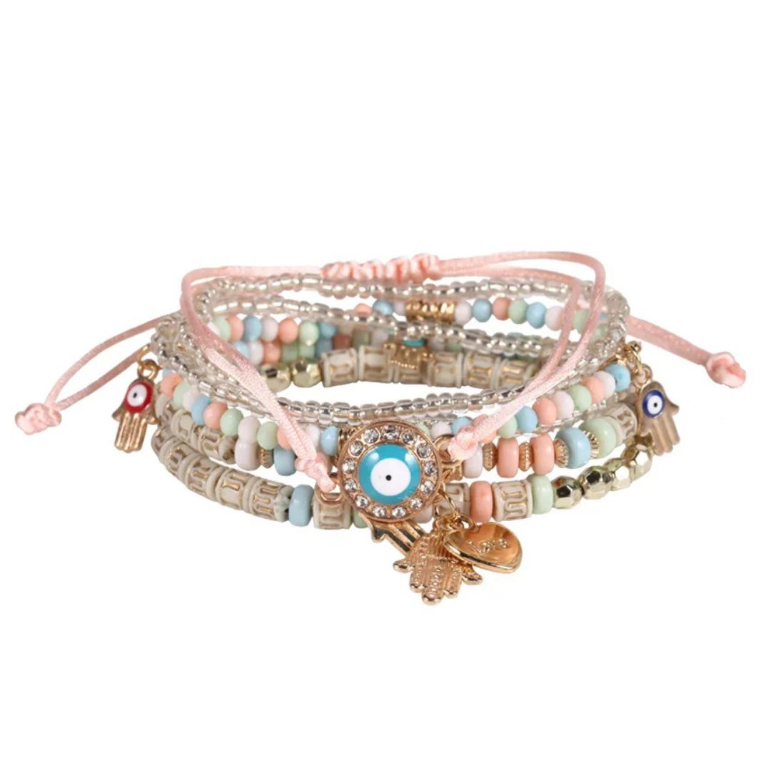 Boho Fashion Evil Eye Colourful Beaded Multilayer Bracelet Set