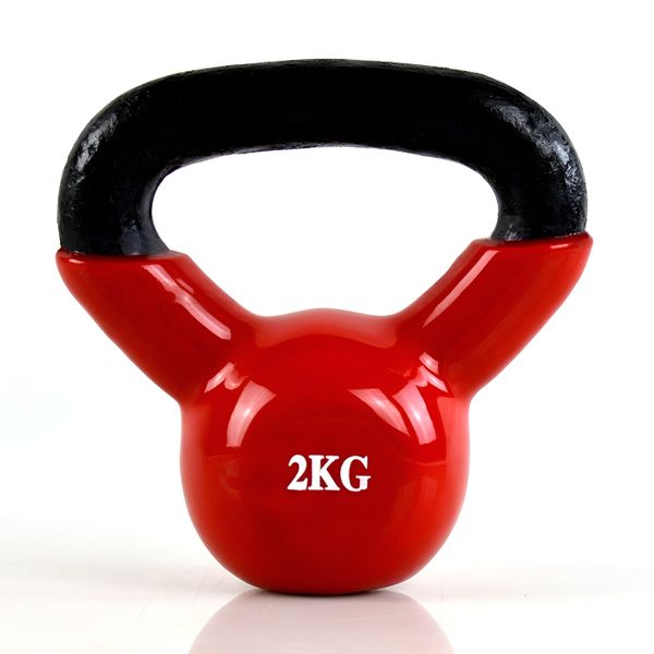 2kg Cast Iron Kettlebell with Vinyl Coating, Flat Base &amp; Wide Grip - Red