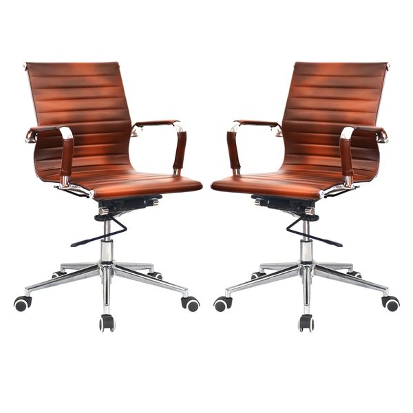 Ribbed PU Leather Medium Back Office Chairs-Set of 2 Per Box-Brown