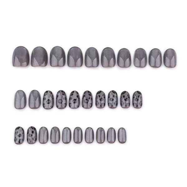 Short Square Gray Nails Fake Nails Leopard False Nails Glitter Design