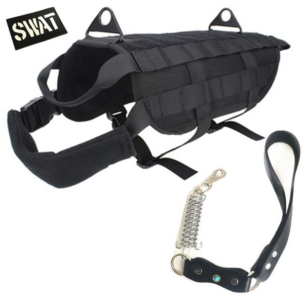 Tactical Dog Harness + Spring Action Leather Training Leash + SWAT hook and loop