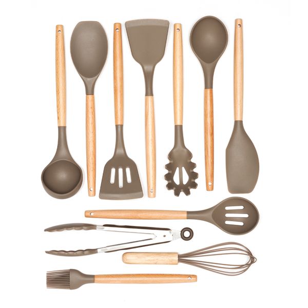 12 Piece Silicone Kitchen Utensils Set - Brown
