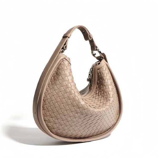 Women's Genuine Cowhide Woven Moon Bag, Chic Underarm Handbag