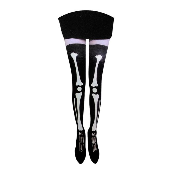 Skeleton Opaque Black Thigh High Halloween Stockings