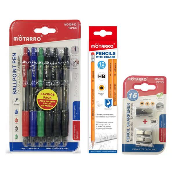 Motarro Stationery Set - 12 HB Pencils, 12 Pens &amp; 2 Pencil Sharpeners