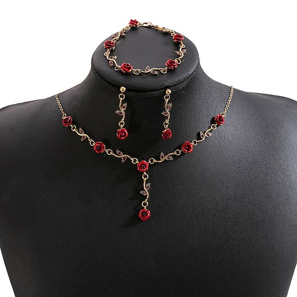 French Rose Earrings Vintage Romantic Red Flower Bracelet Necklace Set