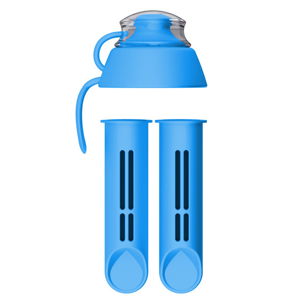 PearlCo Water Bottle Filter Cartridge Replacement x2 + Lid Blue