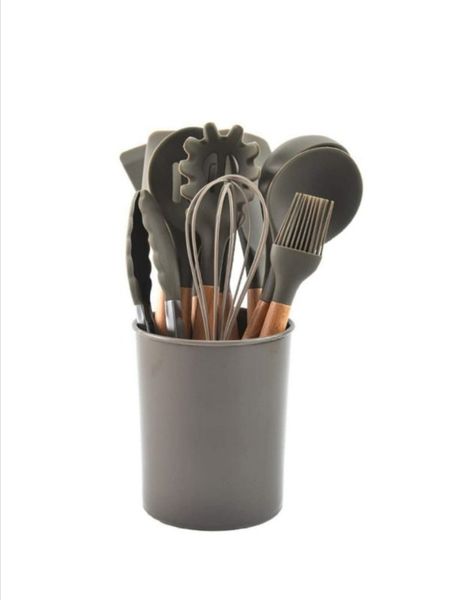11 Piece Silicone Utensils With Wooden Handle Set - Grey