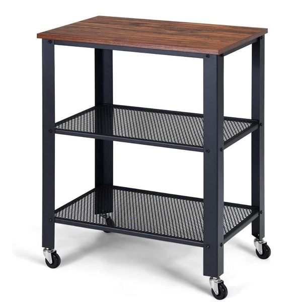 3 Tier Wood Serving Bar Utility Cart With Lockable Wheels - Brown