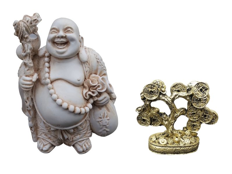 Aankopen - Laughing, Money &amp; Wealth Buddha Statue 14cm with Money Tree 8cm