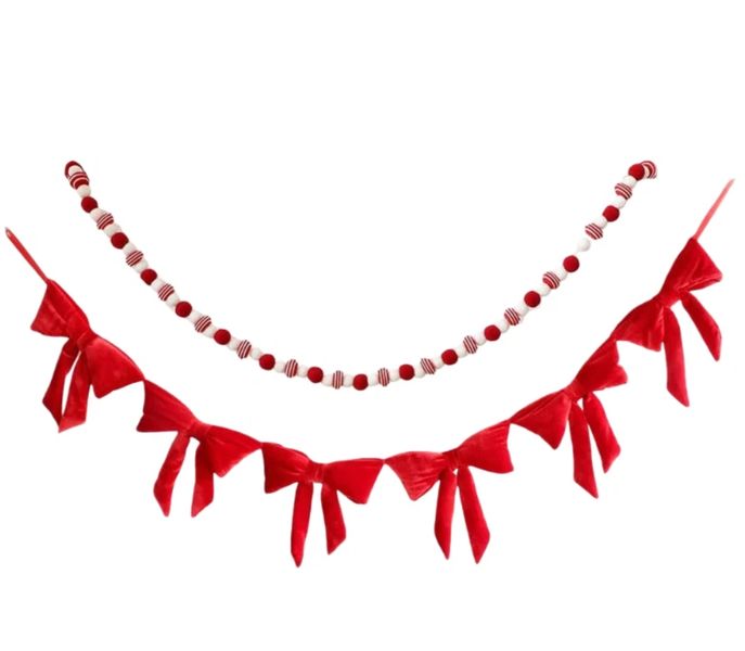 Christmas Mantle Garland, 6ft Red Velvet Bow Garland Banner,