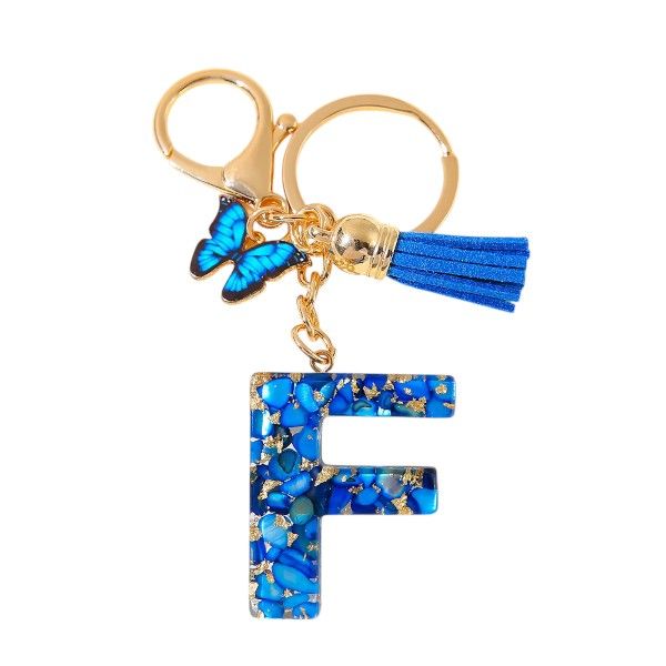 Resin 'F' Keychain With Butterfly Charm &amp; Tassel - Blue &amp; Gold